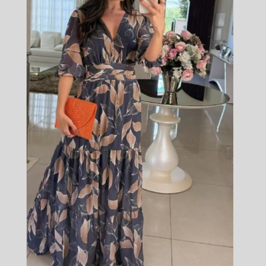 Full Size Printed V-Neck Maxi Dress with Tiered Hemline Plus Size