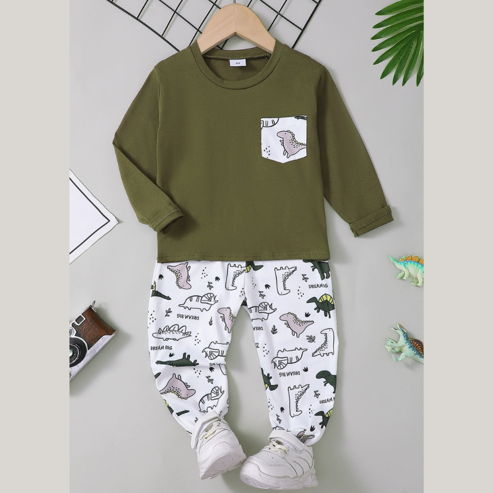 Round Neck Long Sleeve Top and Printed Pants Set