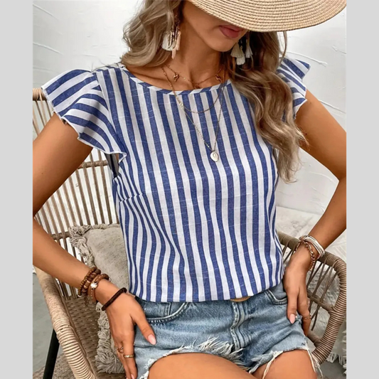 Ruffled Striped Round Neck Cap Sleeve Blouse