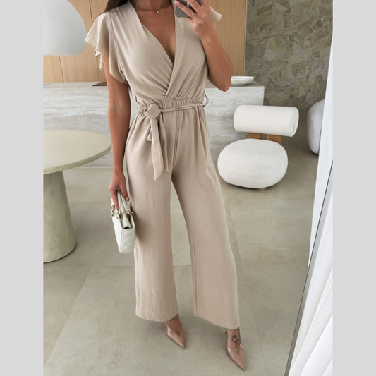 Surplice Wide Leg Belted Jumpsuit
