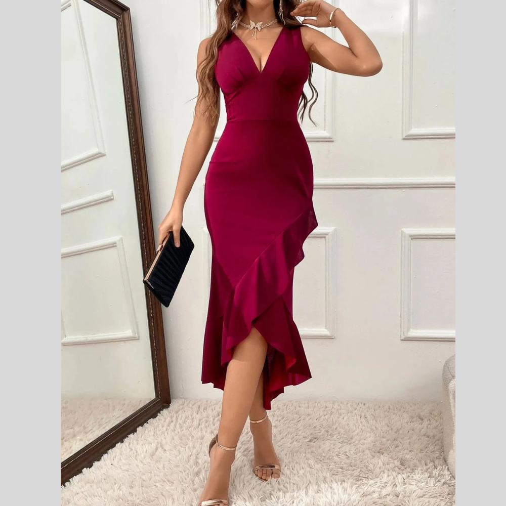Ruffle Hem V-Neck Bodycon Dress