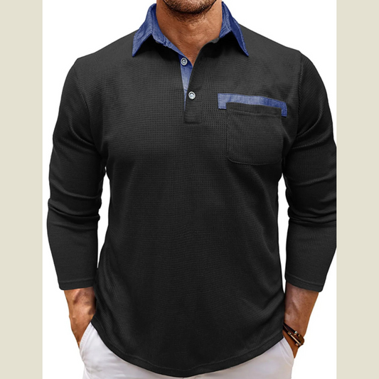 Men's Contrast Collar Long Sleeve Casual Polo Shirt
