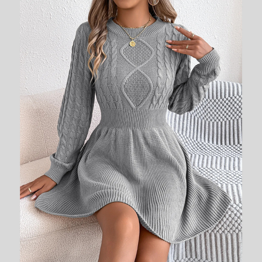 Solid Color Twist Fitted Waist Lantern Long Sleeve Sweater Dress