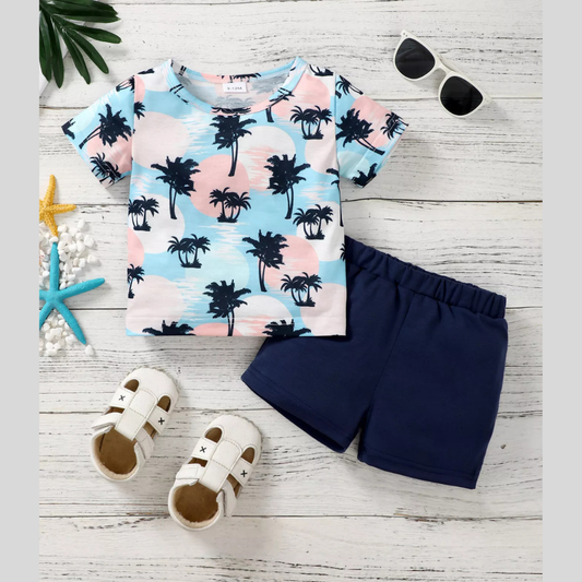 Children's Tropical Palm Print Tee and Shorts Outfit Set