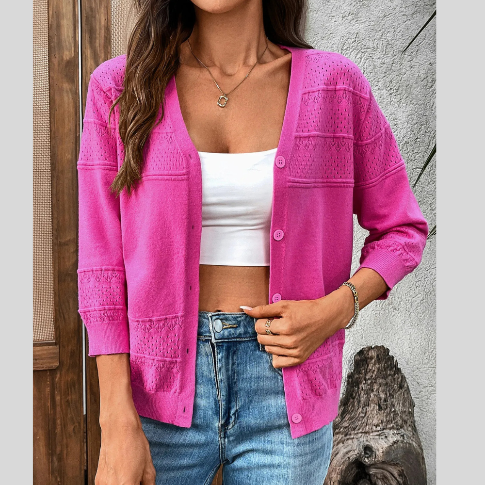 Textured Button-Front Cardigan with 3/4 Sleeves