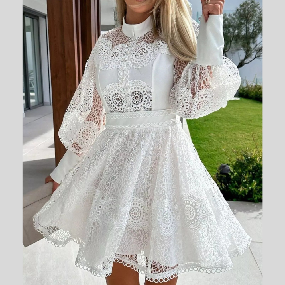 Lace Lantern Sleeve Mini Dress