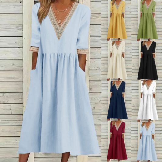 Cotton And Linen Lace Collar Half Sleeve Mid-length Dress