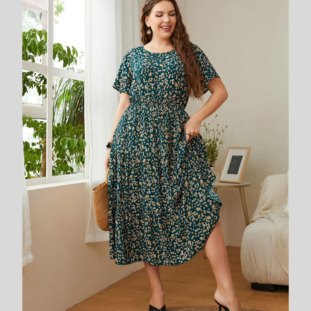 Honey Plus Size Floral Round Neck Short Sleeve Midi Dress