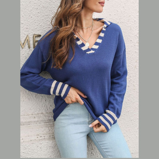 Striped Trim Drop Shoulder Sweater