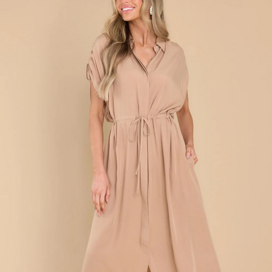 Drawstring Collared Neck Short Sleeve Midi Dress