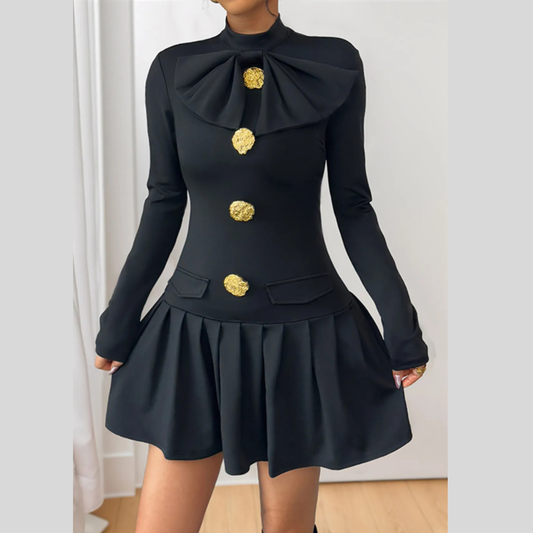 Decorative Button Mock Neck Long Sleeve Mini Dress