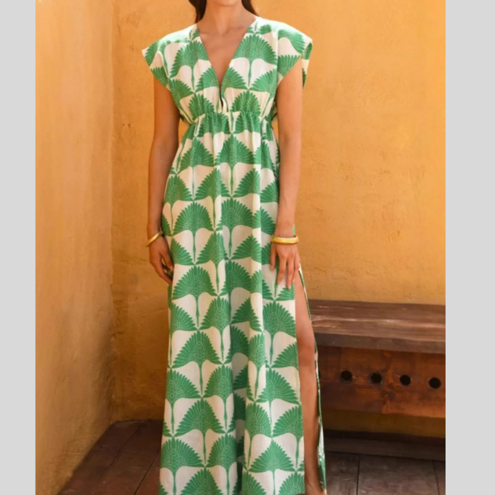 Slit Printed V-Neck Cap Sleeve Maxi Dress
