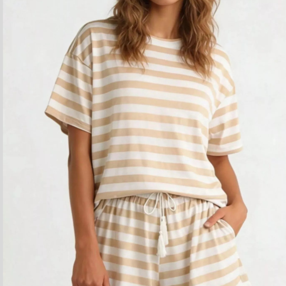 Striped Short Sleeve Tee and Drawstring Shorts Set