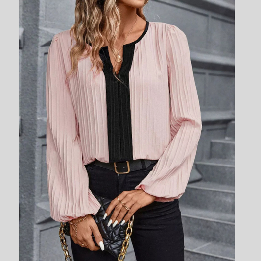 Textured Notched Long Sleeve Blouse