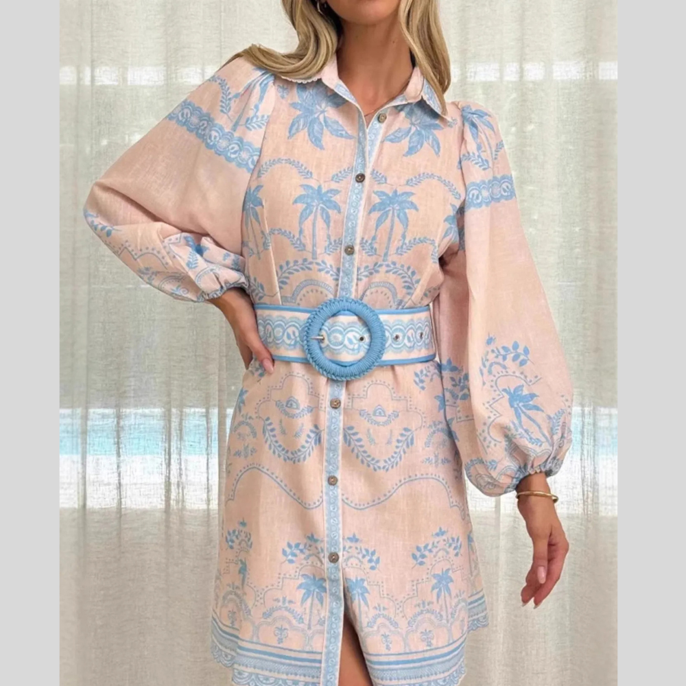 Printed Button Down Shirt Dress with Belt