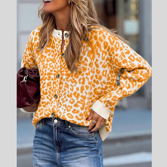 Leopard Drop Shoulder Chunky Knitted Cardigan