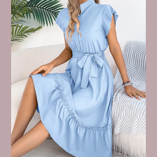 Tie Waist Ruffled Cap Sleeve Dress
