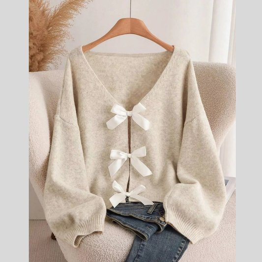 Bow-knot Front V-Neck Knit Cardigan