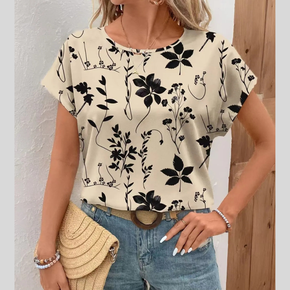 Printed Round Neck Short Sleeve Blouse