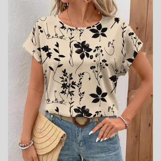 Printed Round Neck Short Sleeve Blouse