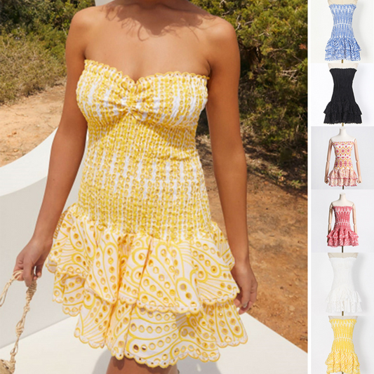 Tube Top Pleated Dress Ins Fashion Print A-line Short Dresses For Beach Party Clothing Women