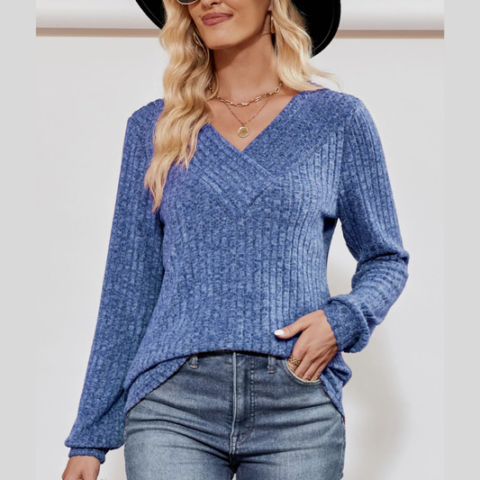 V-Neck Ribbed Long Sleeve T-Shirt