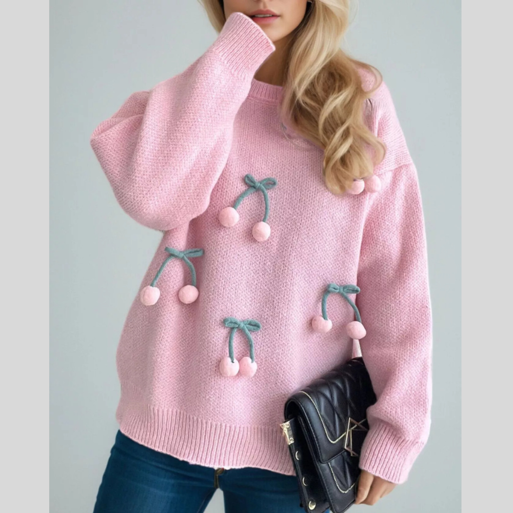 Cherry Pom-Pom Knit Round Neck Sweater