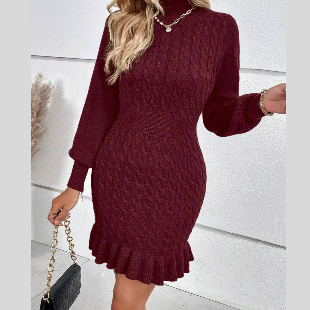 Cable Knit Mock Neck Ruffle Hem Sweater Dress
