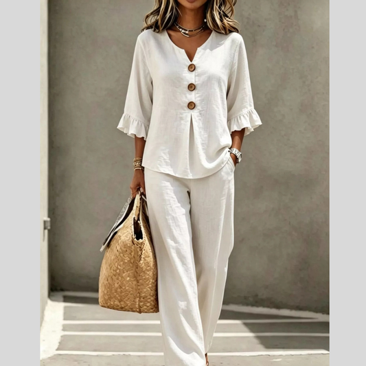 Full Size Decor Button Ruffled Top and Wide-Leg Pants Set Plus Size