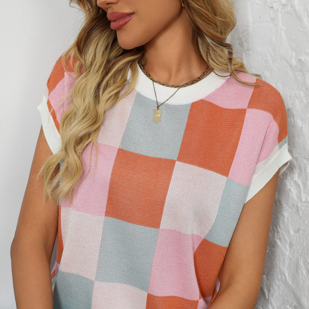 Mandy Checkered Round Neck Cap Sleeve Knit Top