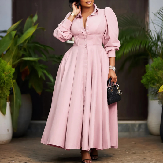 Women's Elegant Long Sleeve Big Hem Shirt Solid Color Dress