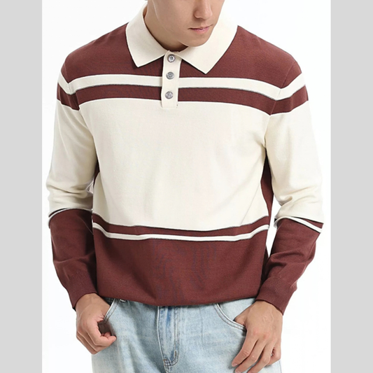 Men's Plus Size Color-Block Striped Polo Collar Sweater