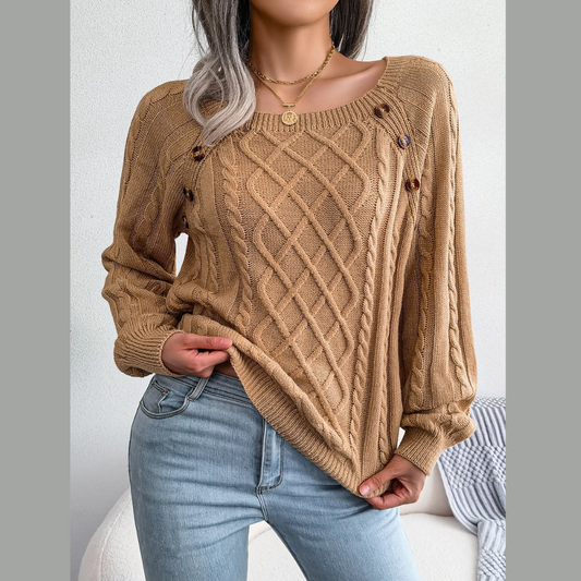 Decorative Button Cable-Knit Sweater
