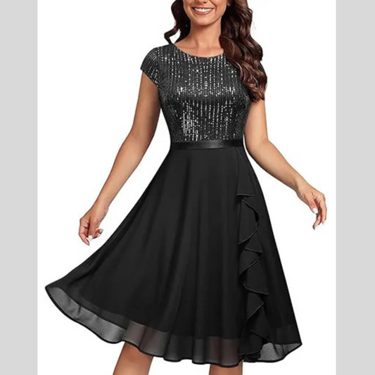 Women's Round Neck Sequins Chiffon Stitching Evening Dress
