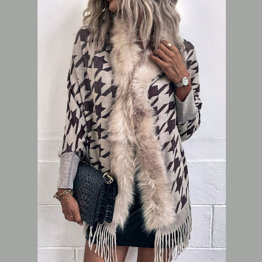 Houndstooth Fringe Hem Poncho