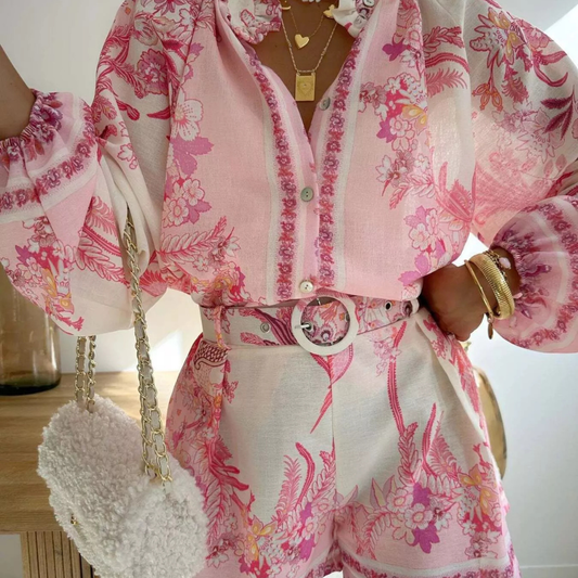 Floral Print Button-Down Shirt and Belted Shorts Two-Piece Set