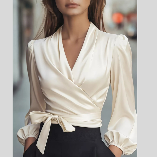 Satin Tied Balloon Sleeve Blouse