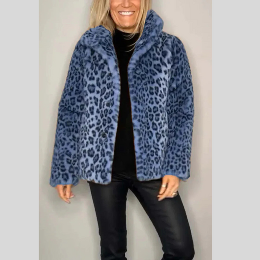Winter New Women's Fashionable Leopard Print Lapel Faux Leather Woolen Top