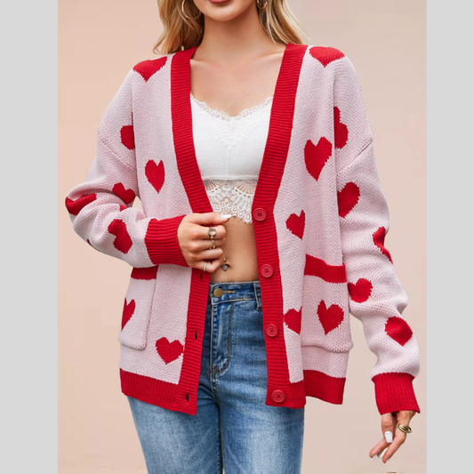 Heart Pattern Button-Up Knit Cardigan