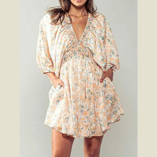 Floral V-Neck Balloon Sleeve Dress