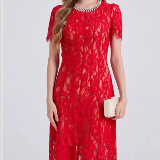 Lace Pearl Neckline Midi Dress