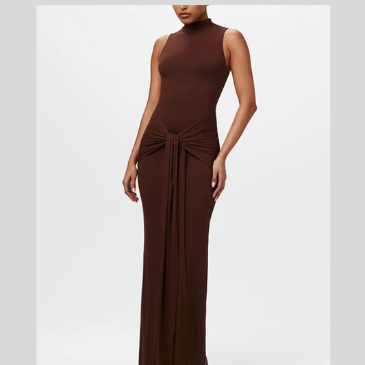 Sleeveless Mock Neck Knot Front Maxi Dress