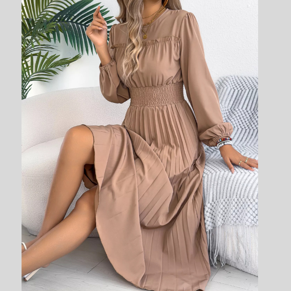 Smocked Pleated Long Sleeve Midi Dress