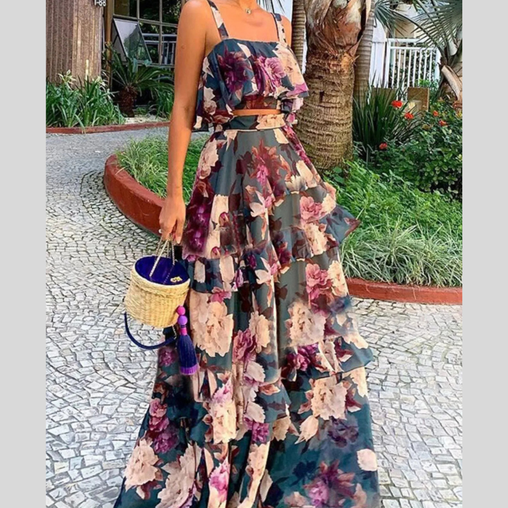 Full Size Floral Cami and Layered Skirt Set Plus Size