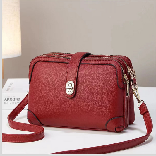 Multi-layer Lychee Pattern Simple Texture Soft Leather Western Style Multi-functional Shoulder Crossbody Small Square Bag