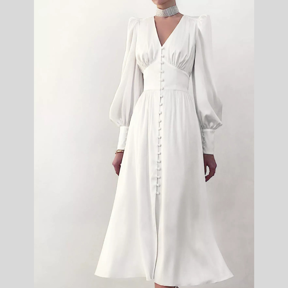 V-Neck Lantern Sleeve Midi Dress