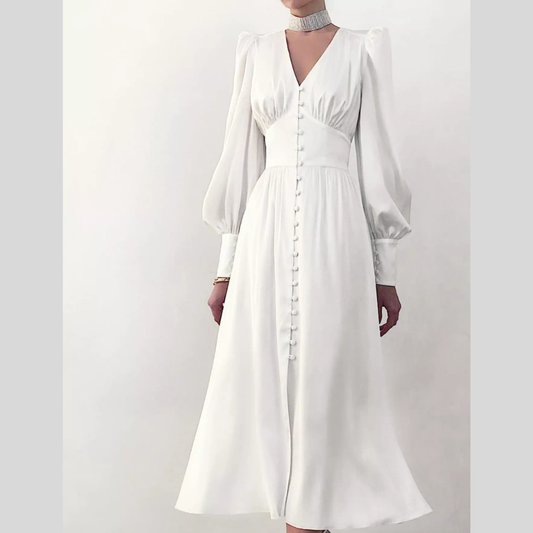 V-Neck Lantern Sleeve Midi Dress