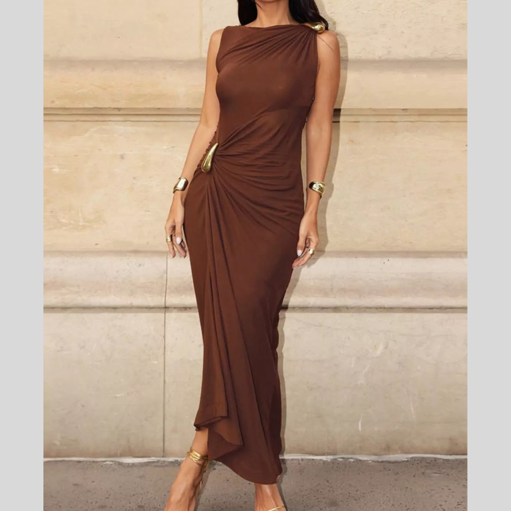 Draped Sleeveless Bodycon Maxi Dress with Metal Decorative