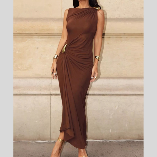 Draped Sleeveless Bodycon Maxi Dress with Metal Decorative