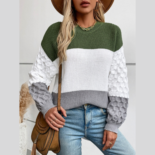 Color Block Round Neck Long Sleeve Sweater